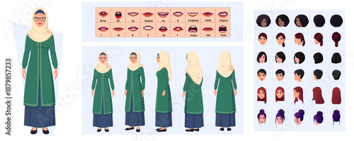 Elderly Arabic Woman Character Creation Pack, Muslim Woman Wearing Shayla and Hijab, Front, Side and Back view with Multiple Races and Ethnicities, lip-Syncing, Expressions and Movable joints