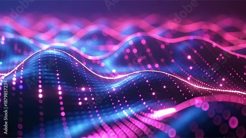 Vibrant digital waves with neon lights and particles in a futuristic landscape viewed from above