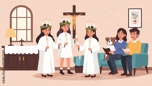 A family gathers for a candlelit ceremony with a dog