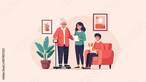 A family gathers in a cozy living room with a pet and indoor plants