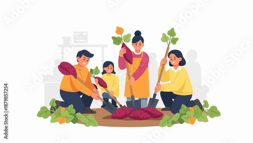 A family happily harvesting sweet potatoes from their garden