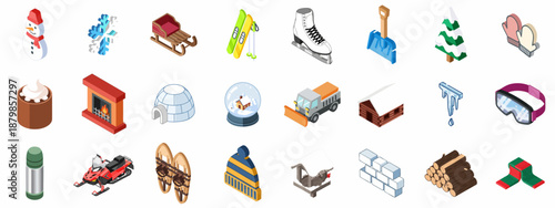 Isometric Winter and Holiday Icons Set: Featuring snow sports gear, cozy essentials, snowman, snowflakes, skiing, fireplace, and cold weather equipment.