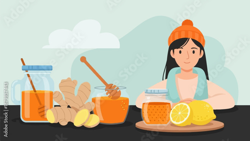 A girl prepares a healthy drink with ginger, honey, and lemon