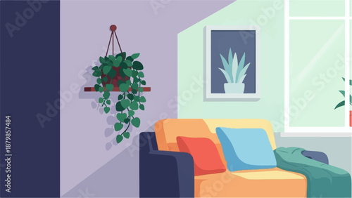 A cozy room with a plush couch, hanging plants, and sunlight streaming through window