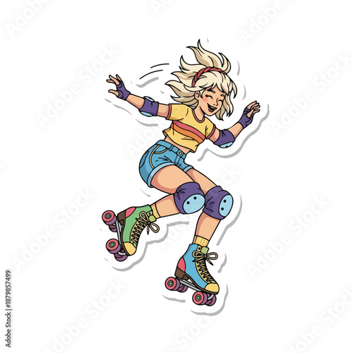 A cartoon-style illustration of a young woman rollerblading with a joyful expression, wearing colorful protective gear and clothing on a white background.