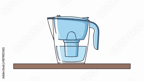 A blue water filter pitcher sits on a brown shelf against a white background