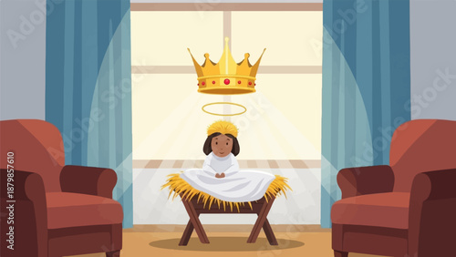 A crowned child in a manger, bathed in light, between armchairs