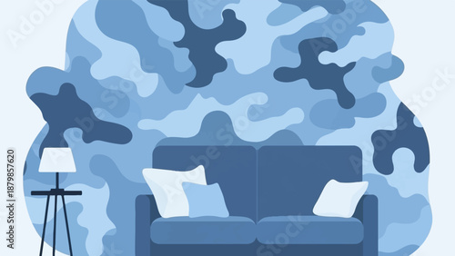 A blue sofa with pillows sits before a camouflage pattern wall