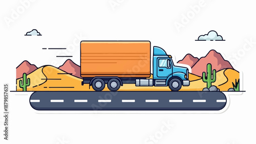 A blue truck with an orange cargo container travels on a road through a desert landscape