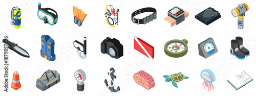Essential Scuba Diving Equipment, Safety Tools, and Marine Life Icons Set in Isometric View, including Regulator, Mask, Fins, Compass, and Dive Log.