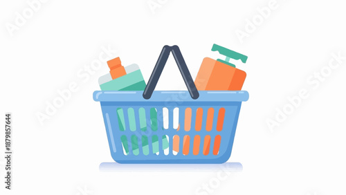 A blue shopping basket filled with various items and colored containers