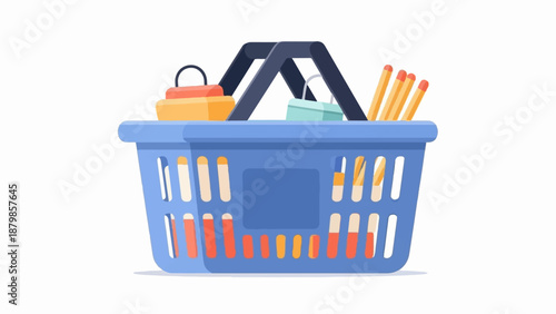 A blue shopping basket filled with items like boxes and pencils