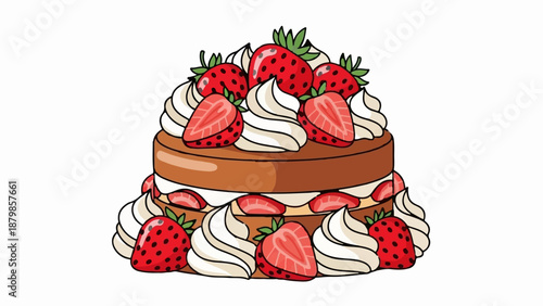 A delicious cartoon cake layered with cream and fresh strawberries