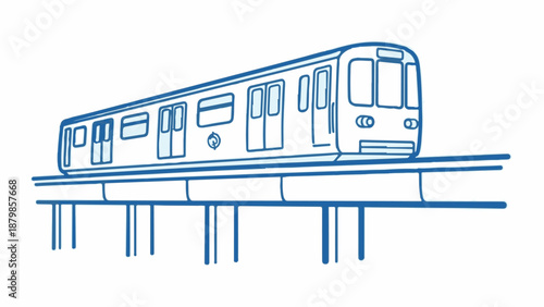 A blue line drawing depicts a modern train on elevated tracks