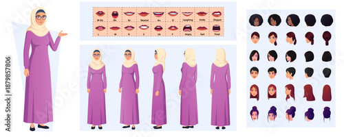 Young Arabic Woman Character Creation Pack, Muslim Girl Wearing Shayla and Hijab, Front, Side and Back view with Multiple Races and Ethnicities, lip-Syncing, Expressions and Movable joints