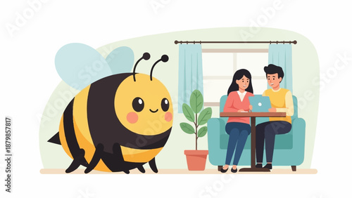 A cute bee smiles near a couple using a laptop at home