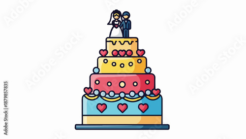 A colorful, multi-tiered wedding cake with bride and groom toppers
