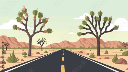 A desolate highway stretches through a desert landscape with Joshua trees