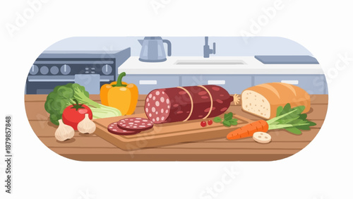 A colorful kitchen counter displays a variety of fresh ingredients