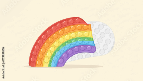 A colorful pop-it toy shaped like a rainbow segment on a pale background