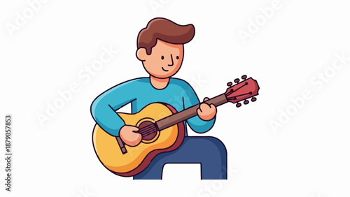 A cartoon man in a blue shirt and dark pants plays an acoustic guitar