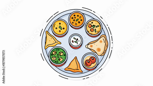 A colorful platter of assorted Indian food items in small bowls