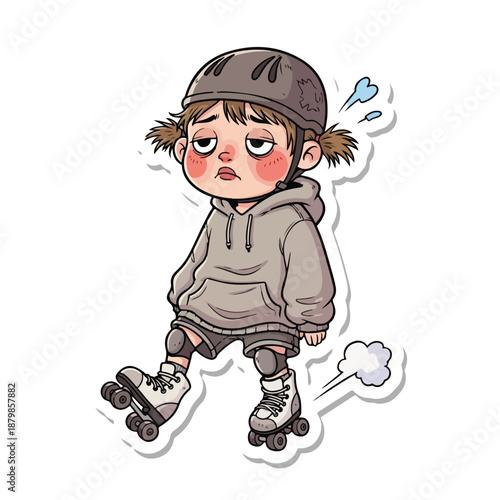 A cartoon illustration of a young girl wearing roller skates and protective gear with a frustrated expression on her face and sweat drops nearby on a plain white background.