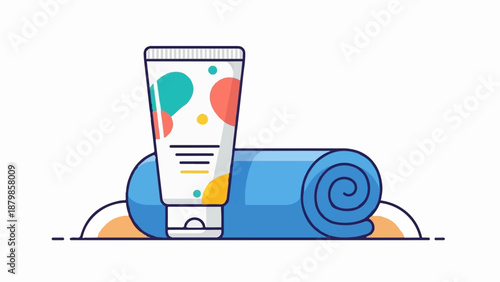 A colorful tube of lotion rests on a blue rolled towel, with sand dunes