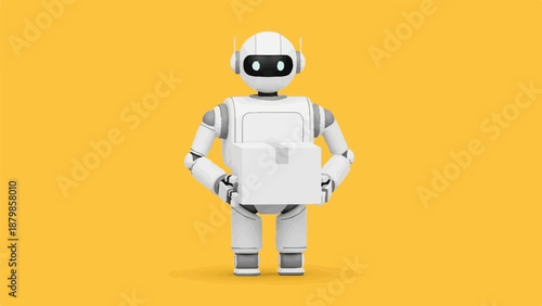 A cartoon robot with a white box against a yellow background
