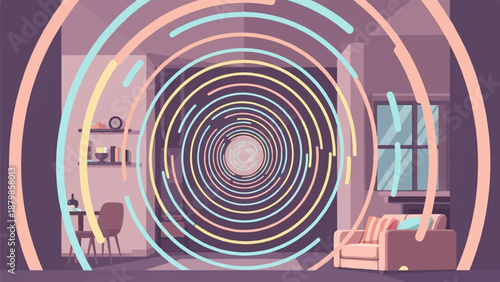 A colorful vortex of pastel concentric circles emanates from a room