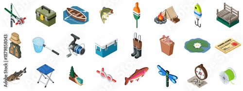 Isometric Fishing and Camping Icons Set: Essential Gear, Tackle, Fish, and Outdoor Equipment for Recreational Activities.