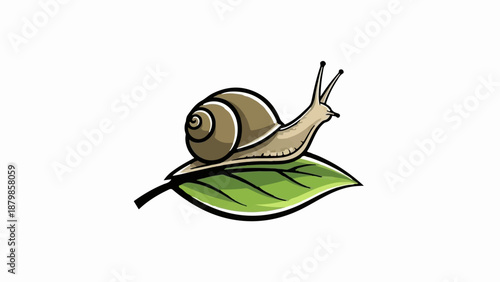 A cartoon snail with a brown shell glides across a vibrant green leaf