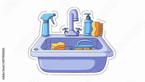 A cartoon sink with cleaning supplies, including sponges, brushes, and bottles