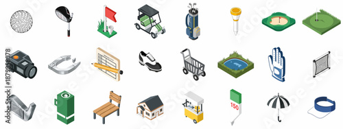 Isometric golf icons set featuring equipment like balls, clubs, carts, bunkers, gloves, tees, and scorecards on a white background.