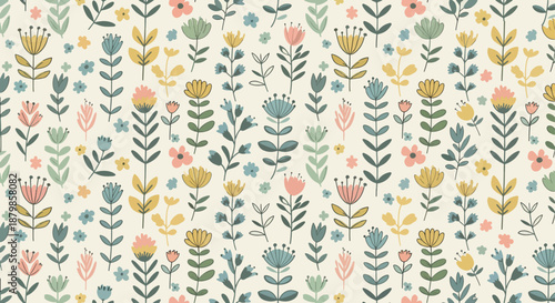 Seamless floral pattern with vintage flowers and green leaves featuring a retro bird and butterfly vector design for nature-inspired spring textile wallpaper and elegant summer fabric decoration ornam