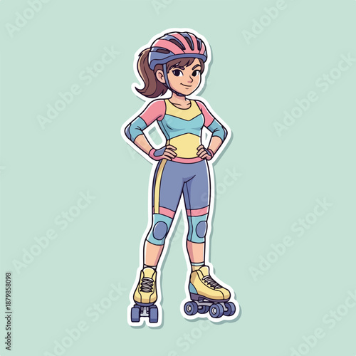 Full-body illustration of a young girl wearing rollerblades, protective gear, and colorful athletic clothing, standing confidently on a plain background.