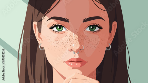 A close-up portrait of a young woman with green eyes and freckles