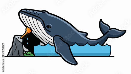 A cartoon whale breaches from blue water, an orange object near rocks