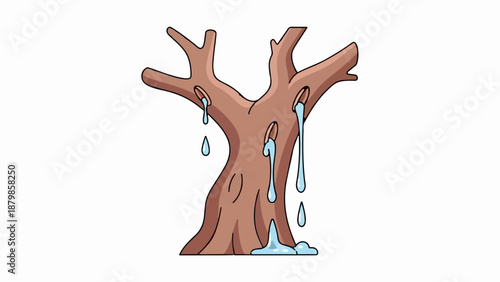 A cartoonish, bare tree trunk with branches, dripping blue liquid