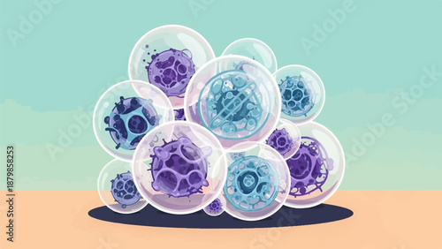 A cluster of biological cells, each enclosed in a transparent sphere