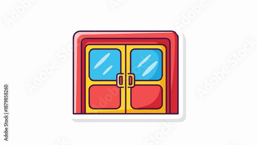 A cartoonish depiction of a double door with red frame and yellow panels