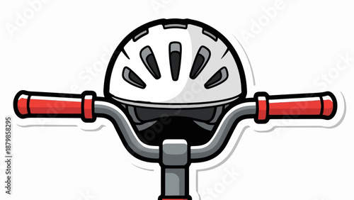 A cartoonish image of a white bicycle helmet atop handlebars