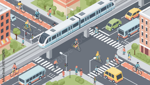 Overhead view of a busy city street with a train, buses, and vehicles navigating through a crowded intersection with pedestrians.