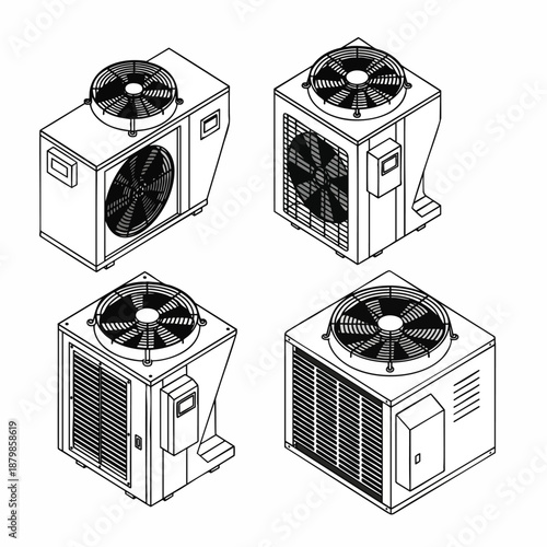 Isometric Vector Set of Air Conditioning Units and HVAC Systems for Climate Control and Building Services.