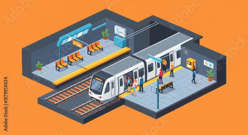 Isometric illustration of a bustling train station with people boarding a train