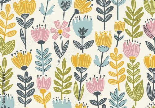 Vector seamless floral ditsy pattern. Fabric design with simple flowers. Trendy seamless floral ditsy pattern. Vector seamless background. Garden pattern.
4

