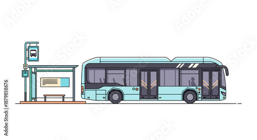Illustration of a teal bus stopped at a bus stop on a white background