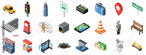 Isometric City Infrastructure and Transportation Icons Set. Collection of street elements, navigation tools, services, and urban details.