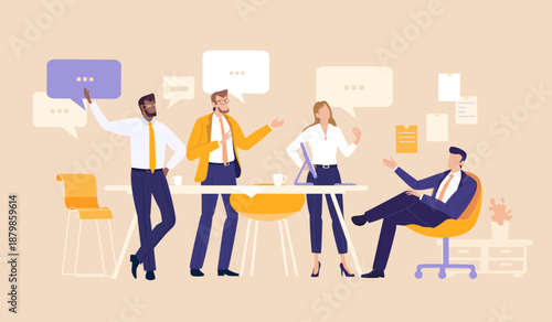 A group of professionals talks with their boss in a modern office, sharing ideas, discussing challenges, and aligning on decisions that reflect leadership, teamwork, clear communication, and workplace