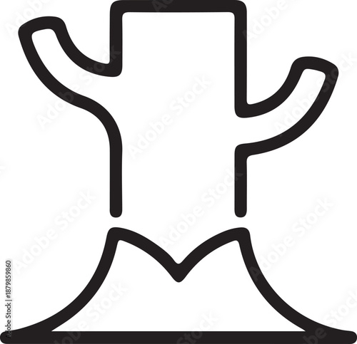 Minimal bare tree stump line icon, Simple black outline illustration of a bare tree stump emerging from the ground, representing deforestation, nature loss, or forestry concepts.

